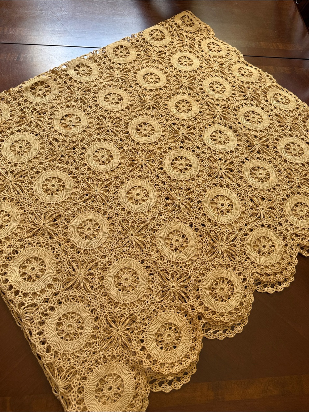 Handmade Crochet Tablecloth - tan beige color Lace Design 57” x 66”